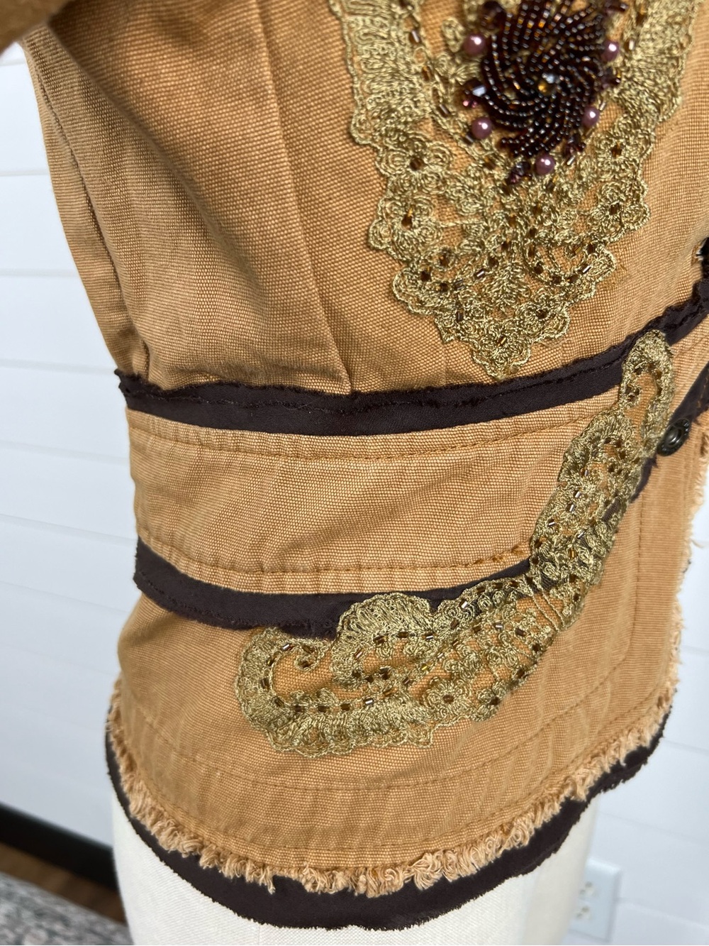 Rhapsody Y2K Beaded Lace Applique Canvas Jacket Boho Small Cotton - Picture 4 of 14